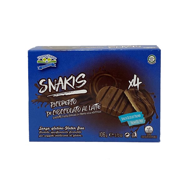 Happy Farm Alimenti senza Glutine Snack Snakis Crema Nocciolata Ricoperto di Cioccolato al Latte 106 g